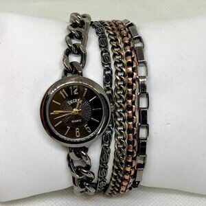 Decree women’s black tone watch 25mm quartz multilayered chain bracelet running